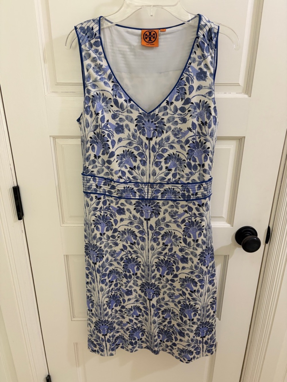 Tory Burch White and Blue Floral V-Neck Midi Dress